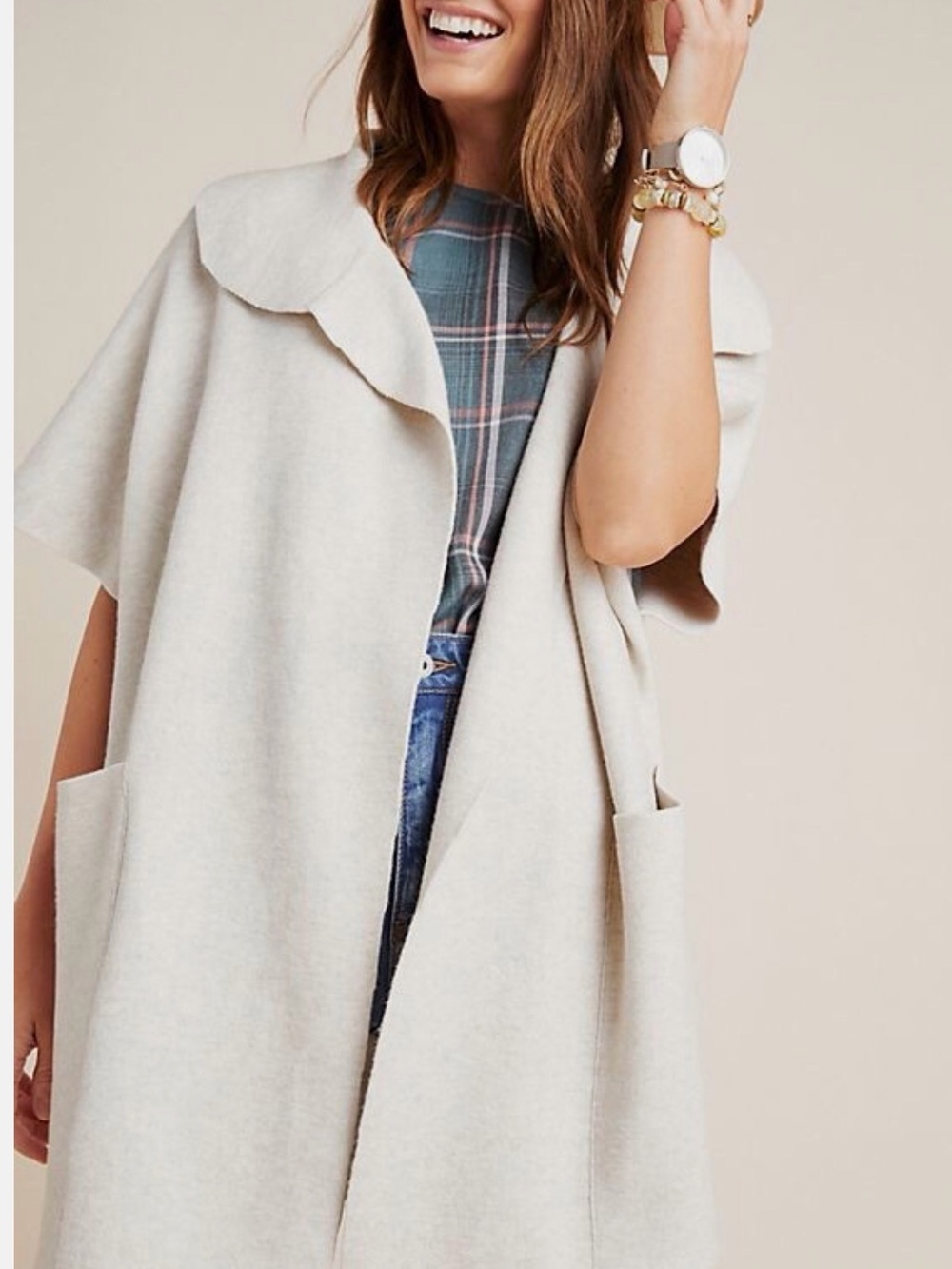 Anthropologie Oversized Oatmeal Cream Shawl-Collar Wrap Jacket/Cardigan - Picture 2 of 7